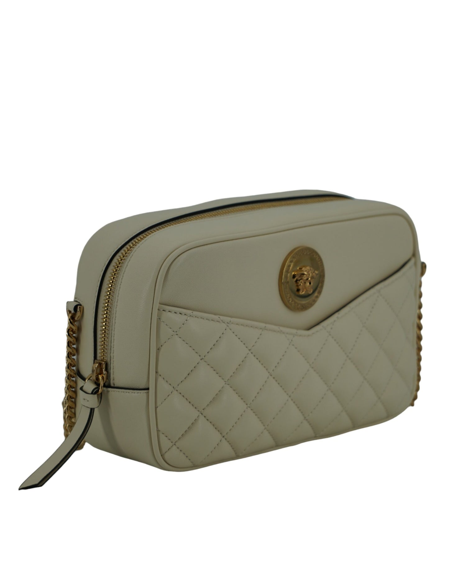 Elegante bolso de hombro para cámara de cuero blanco de Versace