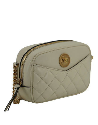 Elegante bolso para cámara de piel de cordero blanca de Versace