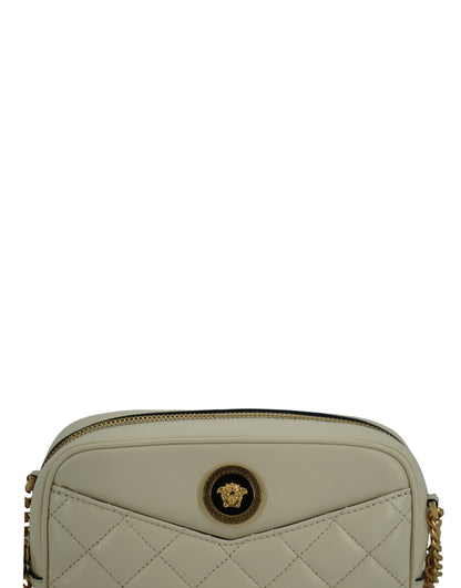 Elegante bolso para cámara de piel de cordero blanca de Versace