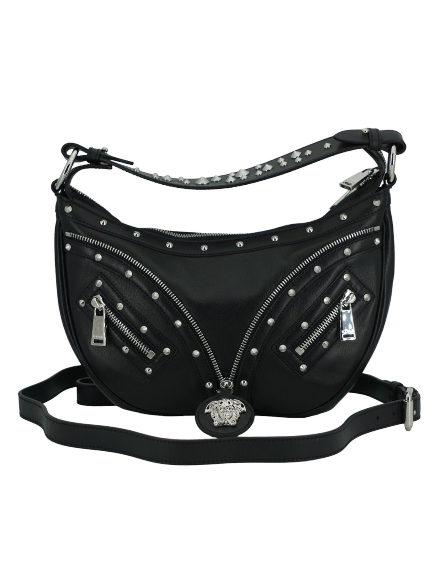 Bolso de hombro elegante de cuero negro estilo hobo de Versace