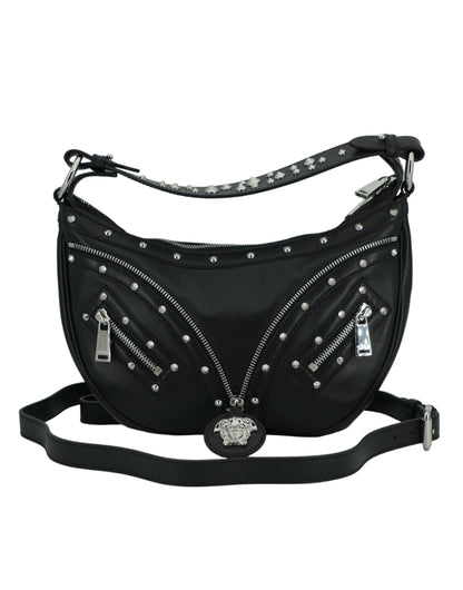 Bolso de hombro elegante de cuero negro estilo hobo de Versace