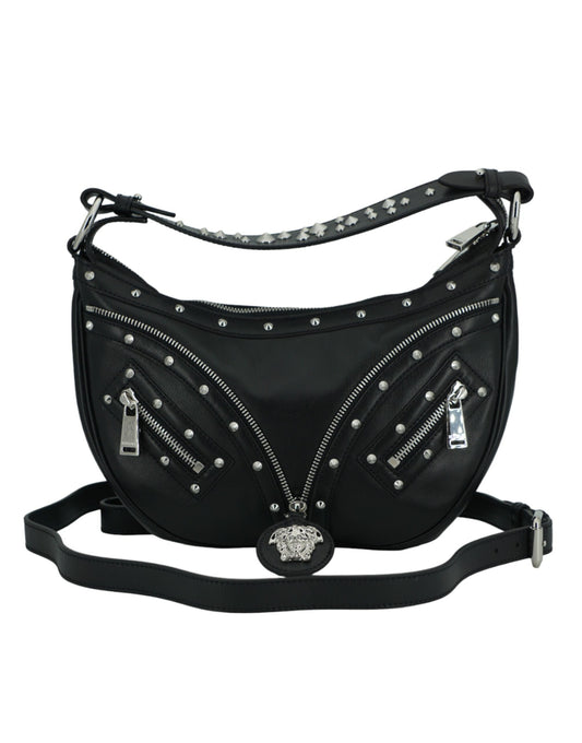 Bolso de hombro elegante de cuero negro estilo hobo de Versace