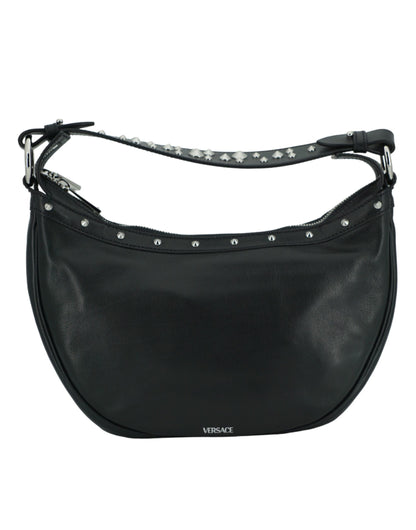 Bolso de hombro elegante de cuero negro estilo hobo de Versace