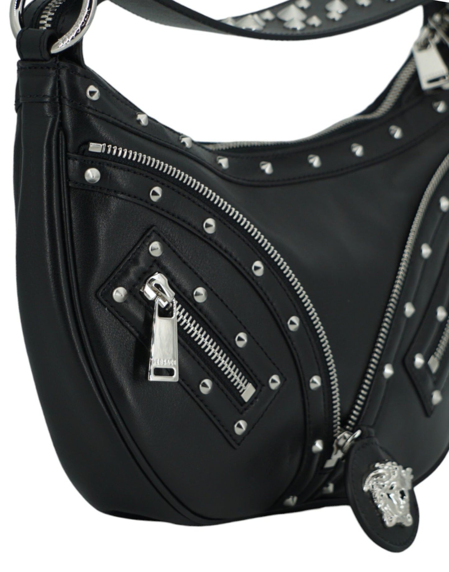 Bolso de hombro elegante de cuero negro estilo hobo de Versace