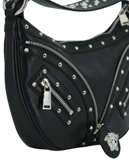 Bolso de hombro elegante de cuero negro estilo hobo de Versace