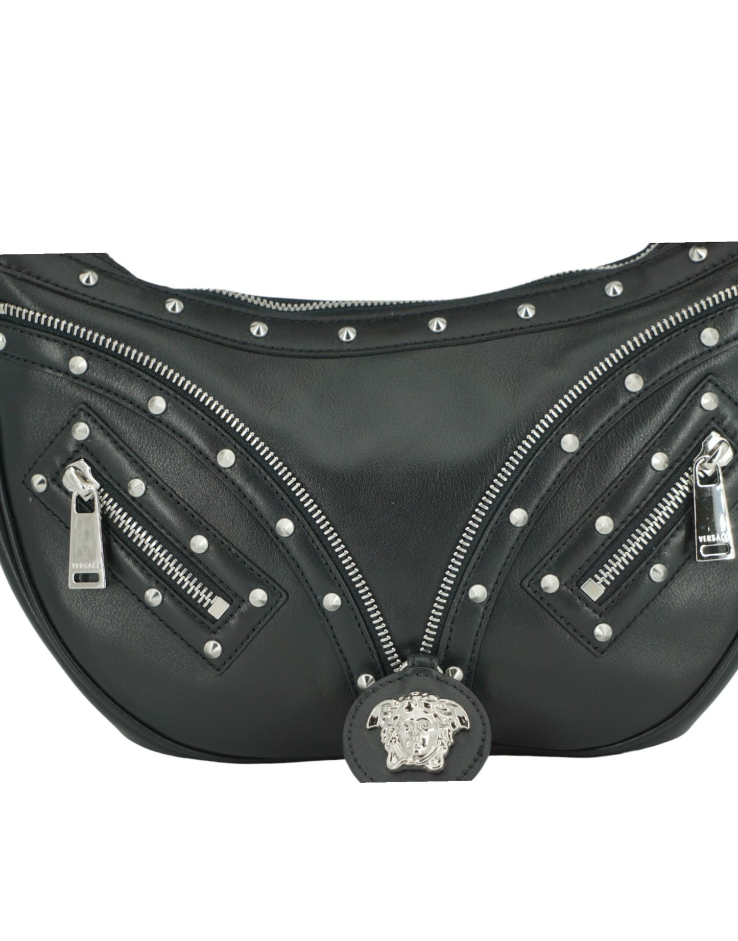 Bolso de hombro elegante de cuero negro estilo hobo de Versace