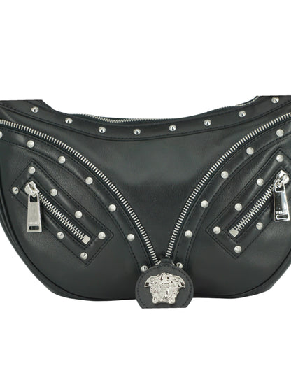 Bolso de hombro elegante de cuero negro estilo hobo de Versace