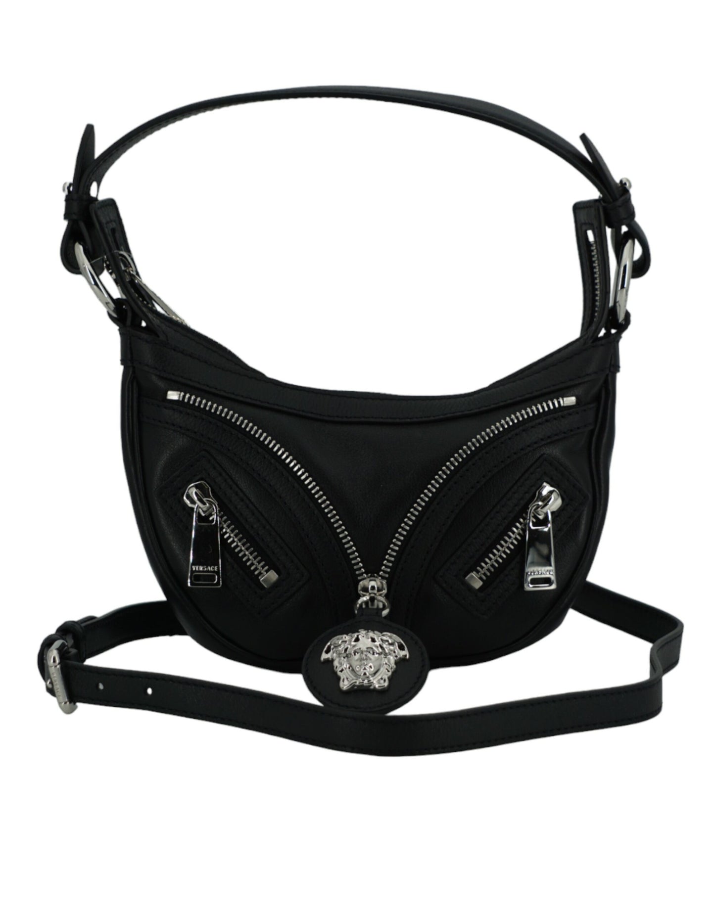 Elegante mini bolso de hombro hobo negro de Versace