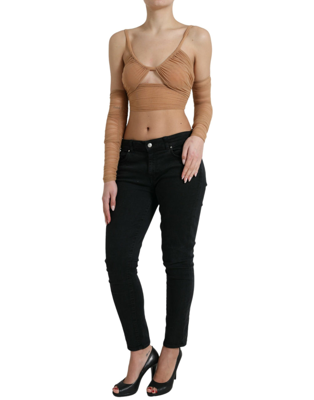 Dolce &amp; Gabbana Brown Nylon Stretch Open Shoulder Cropped Top