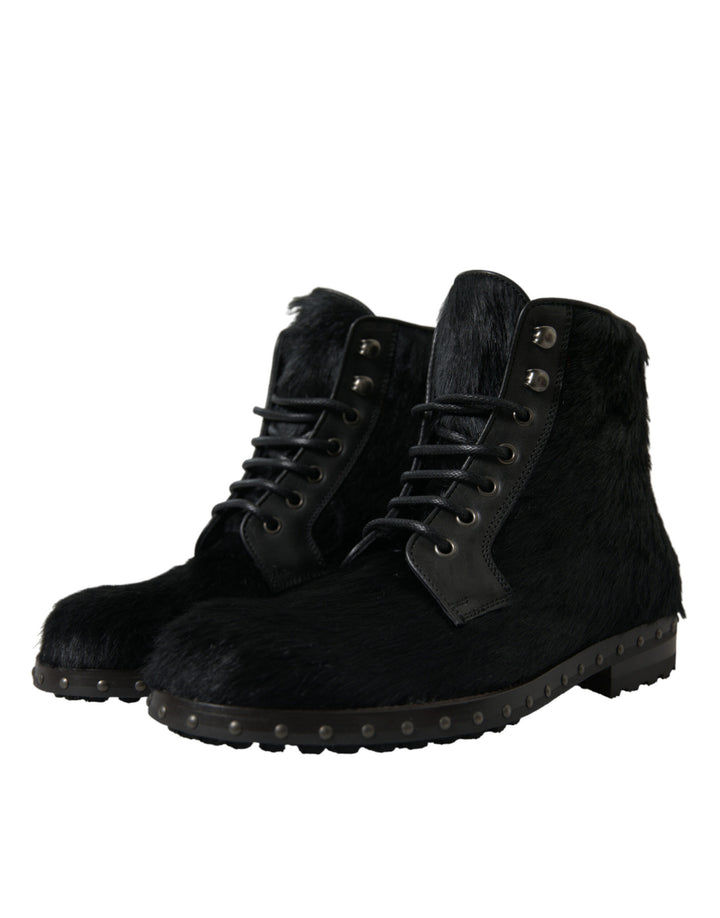 Dolce &amp; Gabbana Black Pony Style Leather Mid Calf Boots Shoes