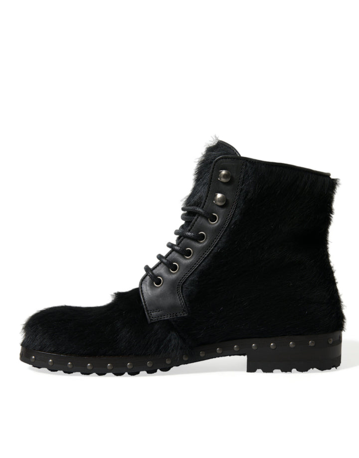 Dolce &amp; Gabbana Black Pony Style Leather Mid Calf Boots Shoes