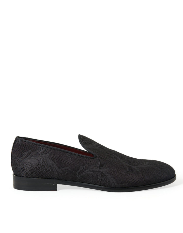 Dolce &amp; Gabbana Black Brocade Men Slip On Loafer Dress Shoes