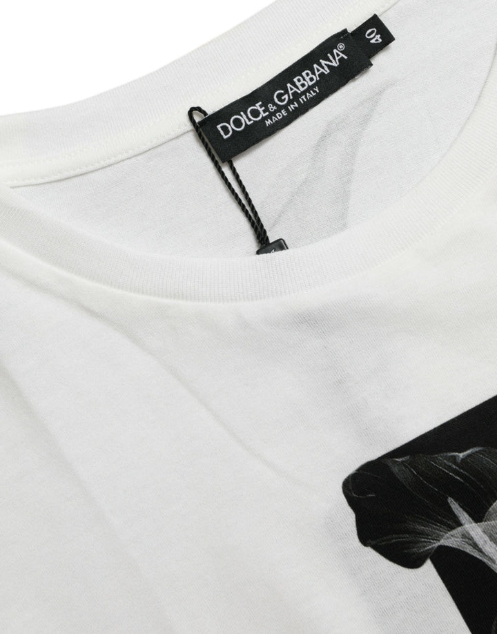 Dolce &amp; Gabbana White Black Roses Crewneck Cotton T-shirt