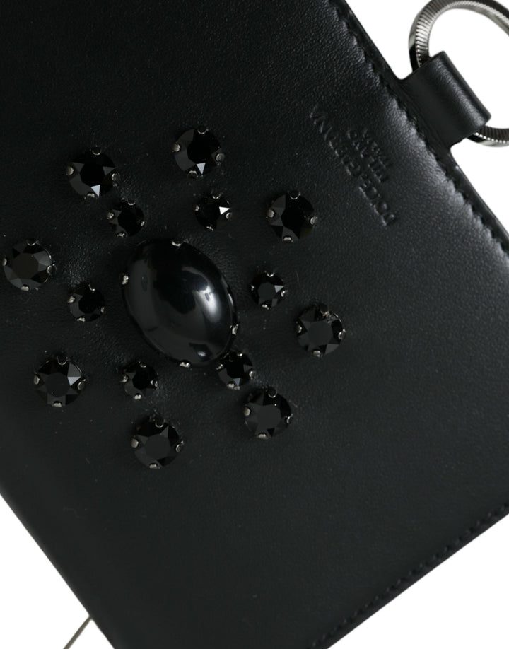Dolce &amp; Gabbana Black White Leather Crystal Embellished Cardholder Wallet