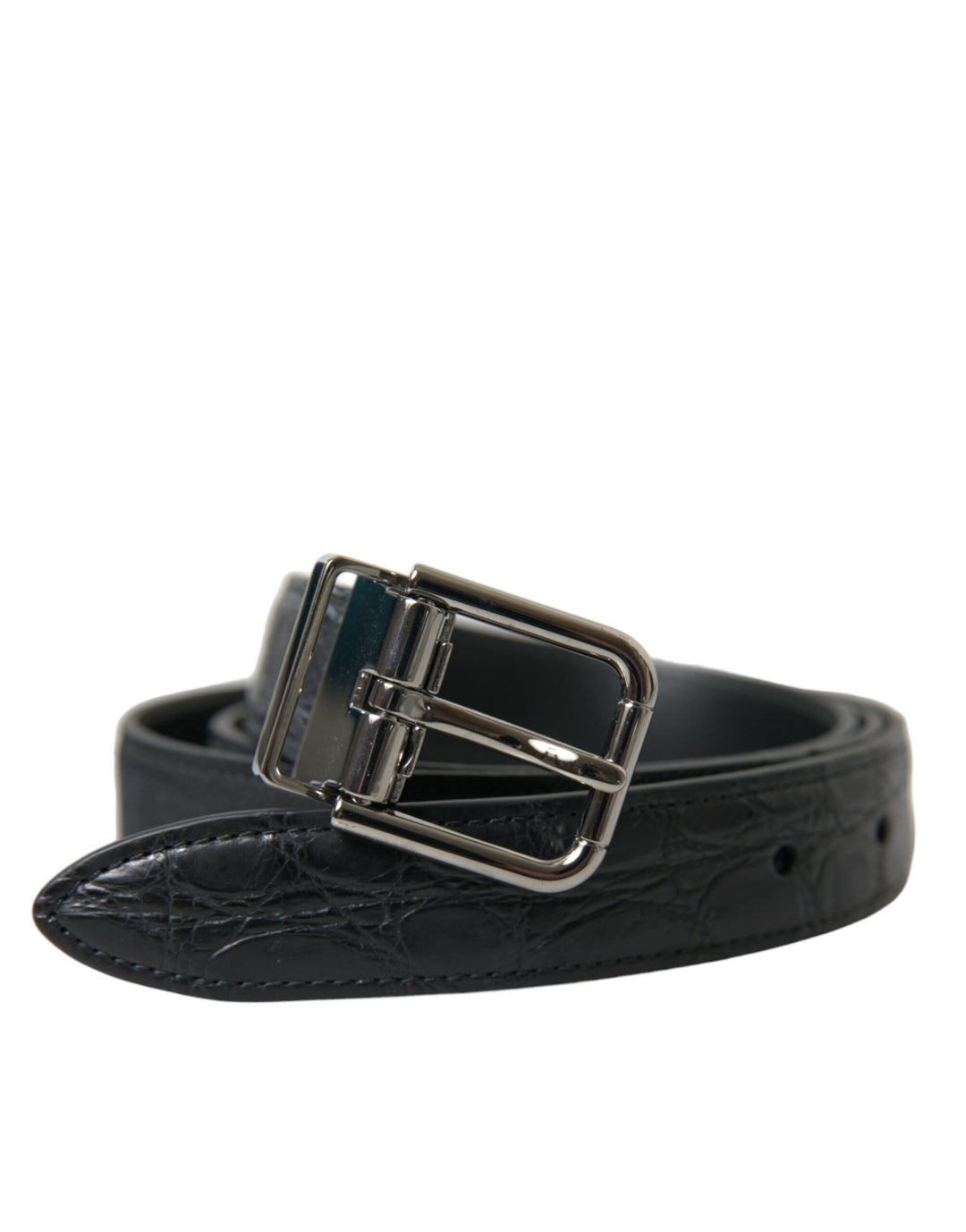 Dolce &amp; Gabbana Black Leather Silver Metal Buckle Belt