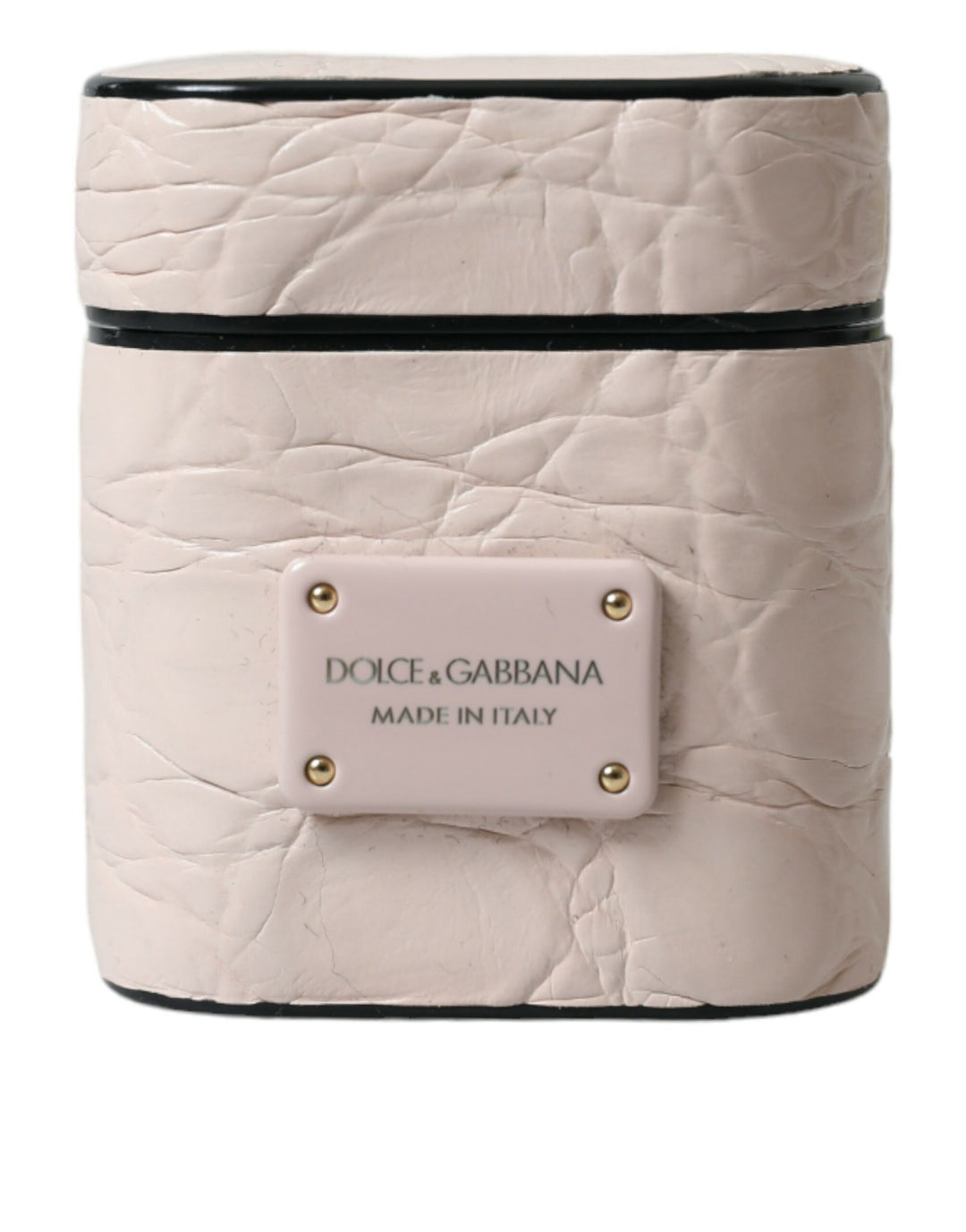 Dolce &amp; Gabbana Light Pink Calf Leather Metal Logo Plaque Airpods Case