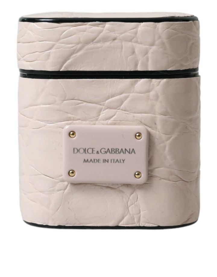 Dolce &amp; Gabbana Light Pink Calf Leather Metal Logo Plaque Airpods Case