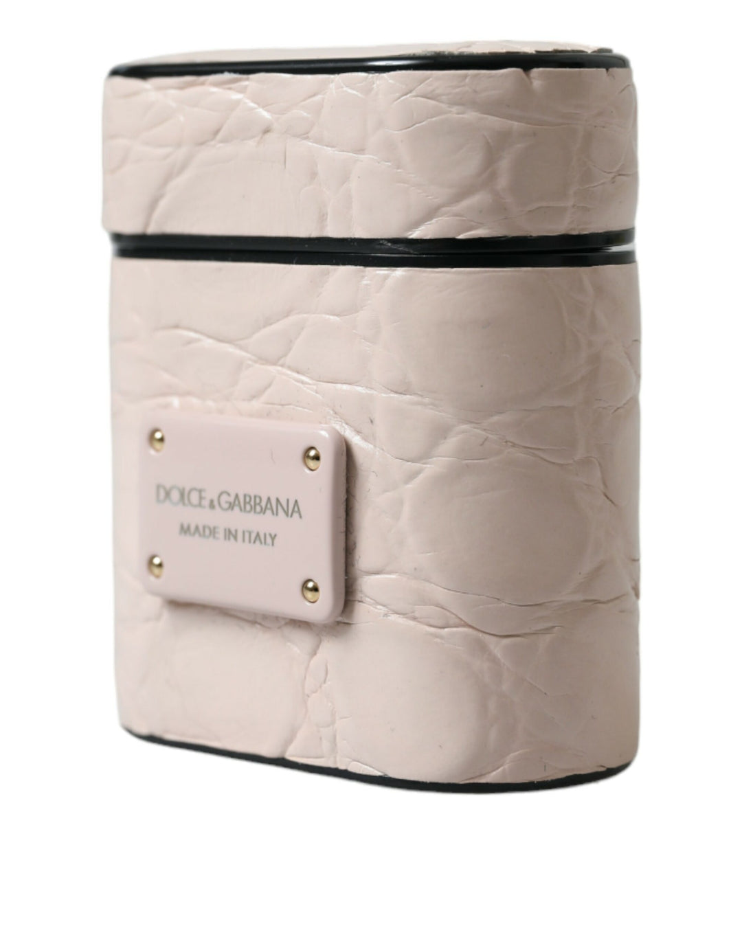 Dolce &amp; Gabbana Light Pink Calf Leather Metal Logo Plaque Airpods Case
