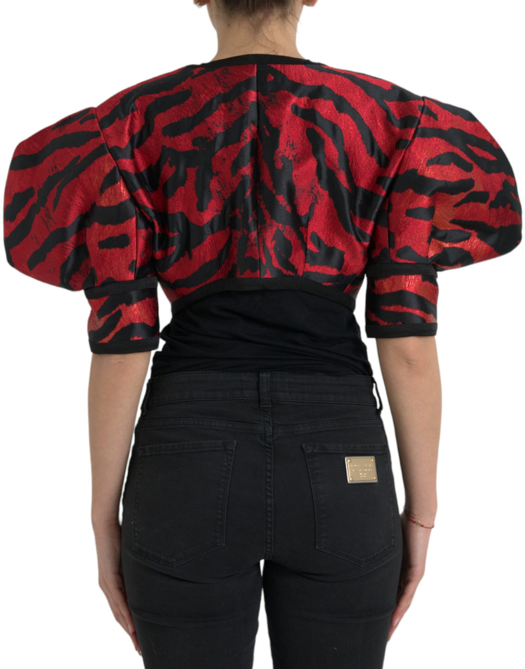 Dolce &amp; Gabbana Black Red Patterned Cropped Coat Jacket