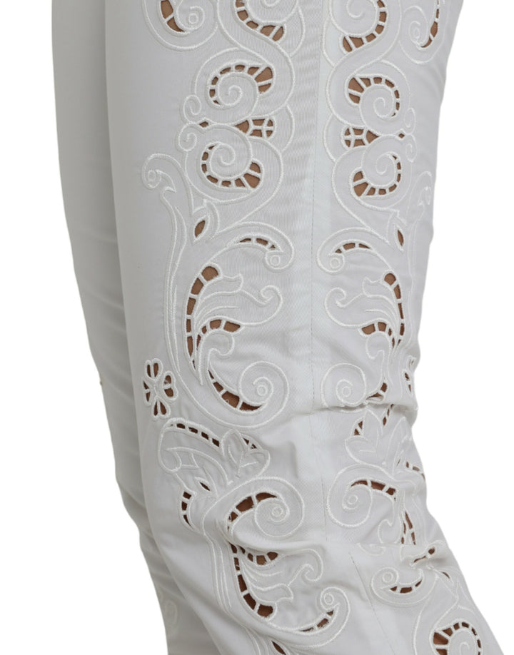 Dolce &amp; Gabbana White Cut Out Cotton Mid Waist Cropped Pants