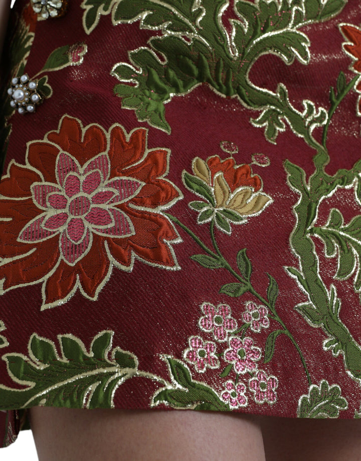 Dolce &amp; Gabbana Maroon Floral Jacquard A-line Mini Skirt