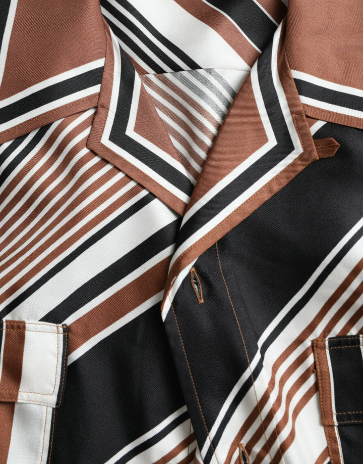 Dolce &amp; Gabbana Brown White Silk Striped Short Sleeve Shirt