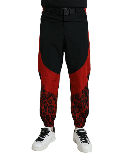 Pantalones deportivos de nailon con estampado de leopardo en negro y rojo de Dolce &amp; Gabbana