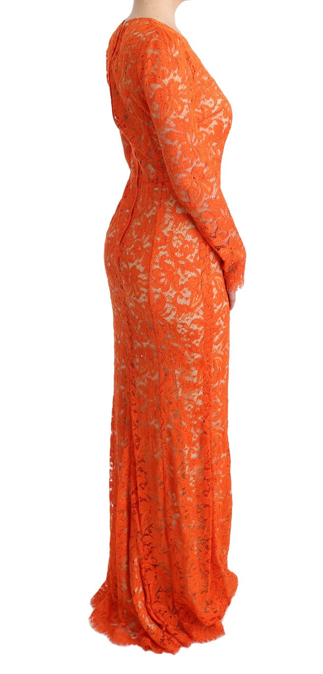 Dolce &amp; Gabbana Orange Floral Ricamo Sheath Long Dress women’s dress