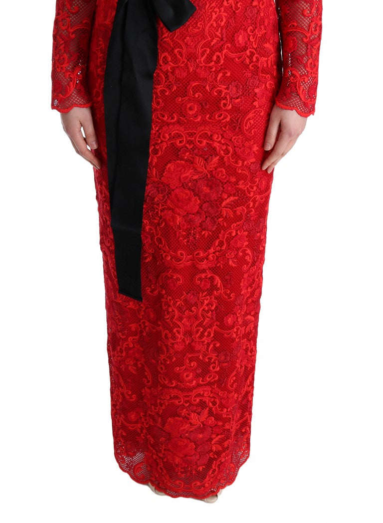 Dolce &amp; Gabbana Red Floral Ricamo Sheath Long Dress women’s dress