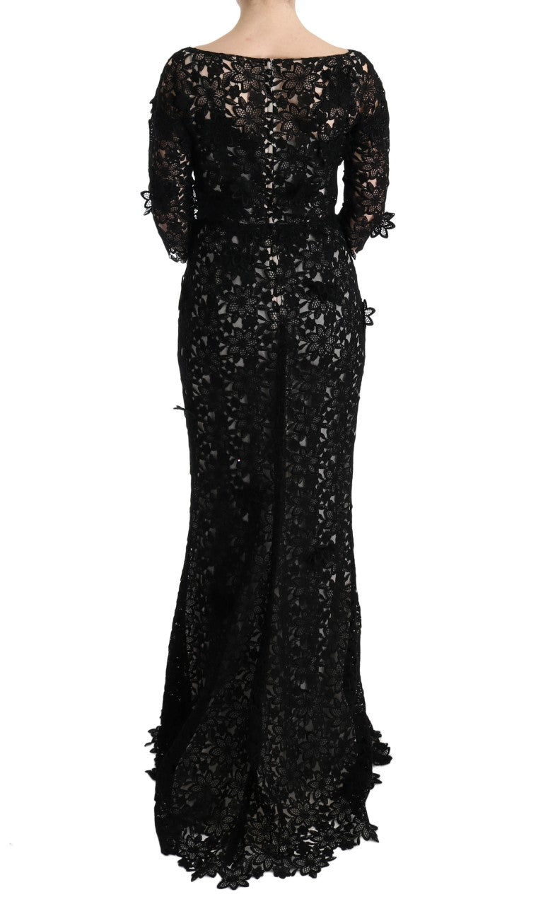 Dolce &amp; Gabbana Black Cotton Silk Floral Long Dress women’s dress