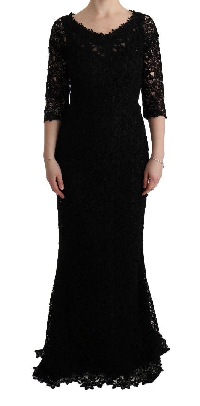 Dolce &amp; Gabbana Black Floral Ricamo Sheath Long Dress women’s dress