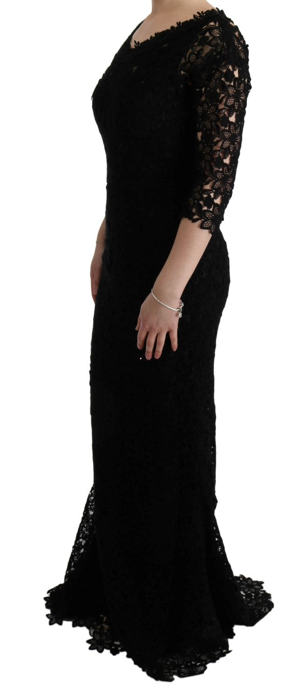 Dolce &amp; Gabbana Black Floral Ricamo Sheath Long Dress women’s dress