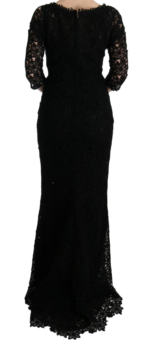 Dolce &amp; Gabbana Black Floral Ricamo Sheath Long Dress women’s dress