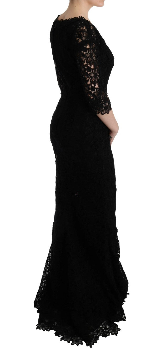 Dolce &amp; Gabbana Black Floral Ricamo Sheath Long Dress women’s dress