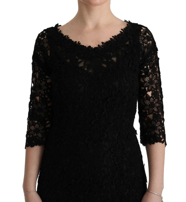 Dolce &amp; Gabbana Black Floral Ricamo Sheath Long Dress women’s dress
