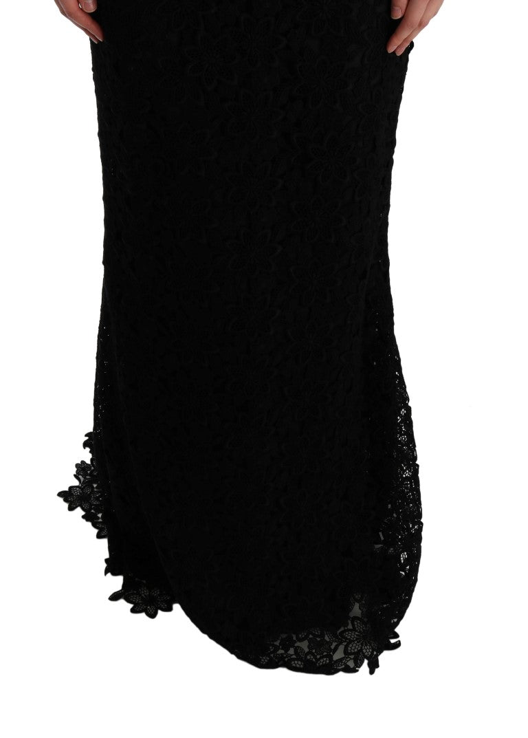 Dolce &amp; Gabbana Black Floral Ricamo Sheath Long Dress women’s dress