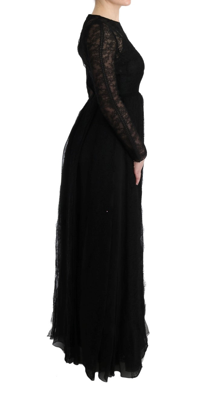 Dolce &amp; Gabbana Black Floral Lace Sheath Silk Dress women’s dress