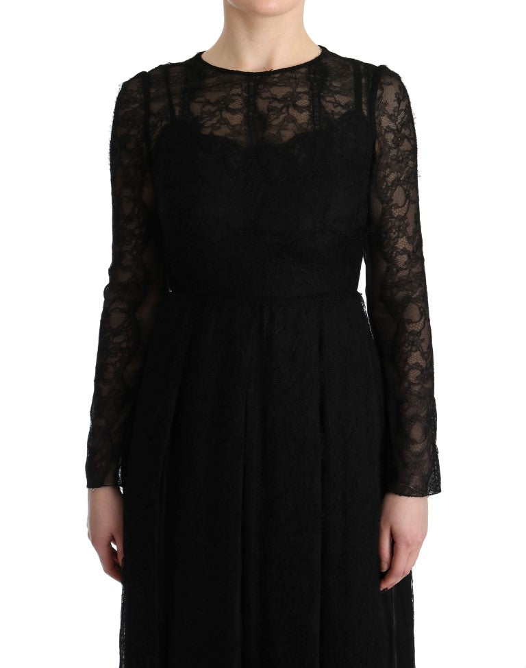 Dolce &amp; Gabbana Black Floral Lace Sheath Silk Dress women’s dress
