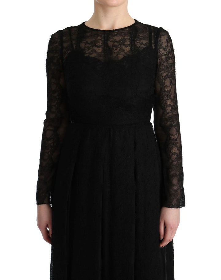 Dolce &amp; Gabbana Black Floral Lace Sheath Silk Dress women’s dress