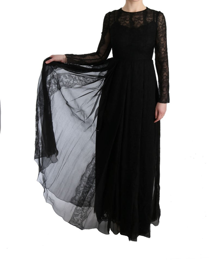 Dolce &amp; Gabbana Black Floral Lace Sheath Silk Dress women’s dress