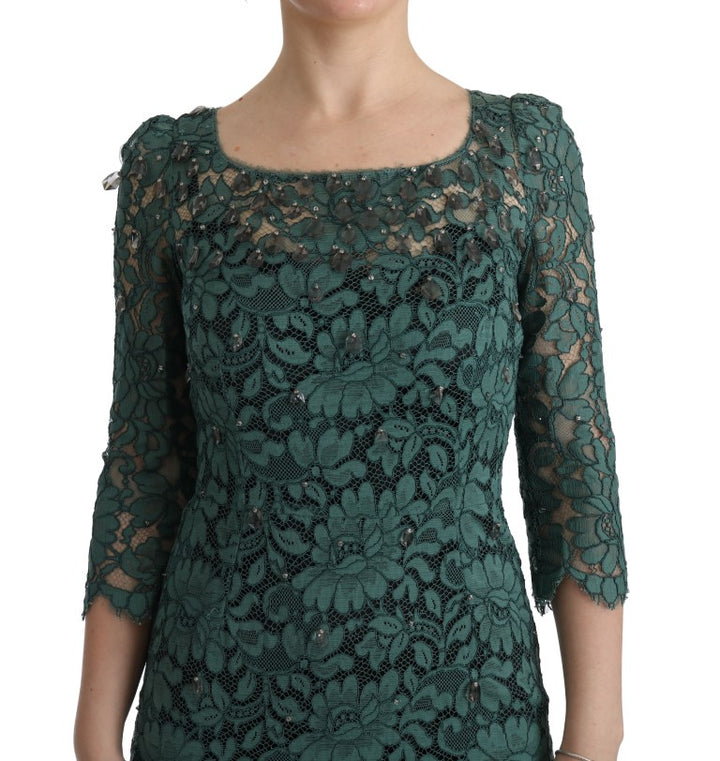 Dolce &amp; Gabbana Green Floral Crystal Ricamo Sheath Dress women’s dress