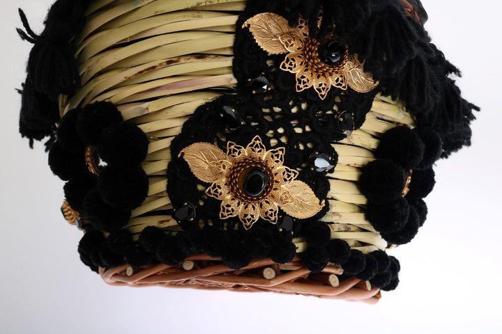 Dolce &amp; Gabbana Beige Straw Snakeskin Pom Pom Crystal AGNESE Bag