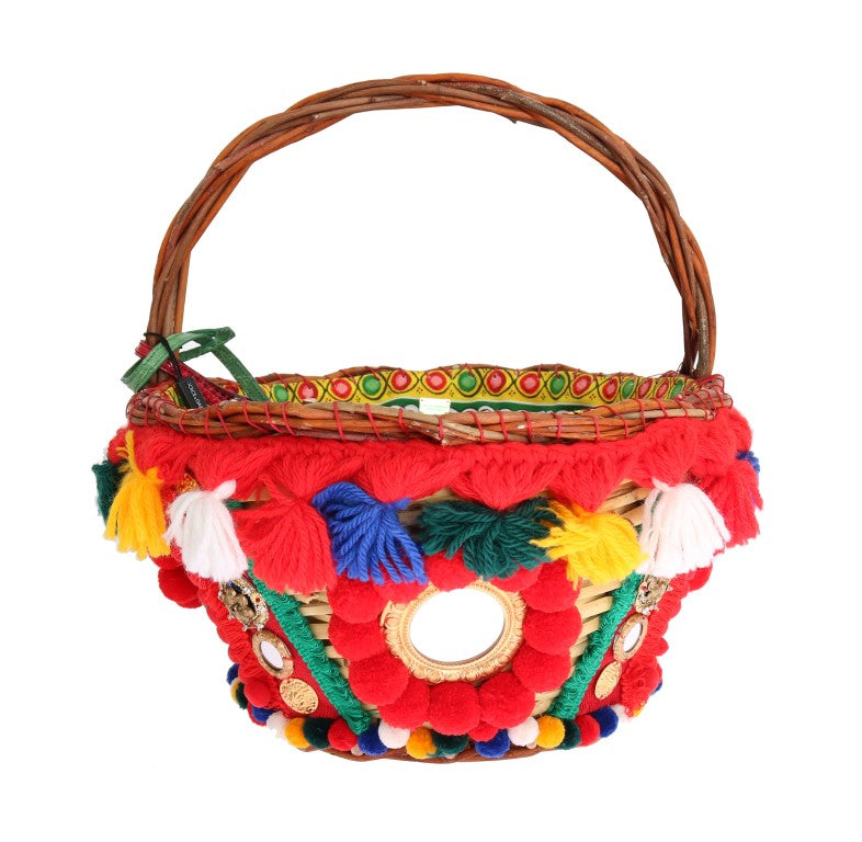 Dolce &amp; Gabbana Multicolor AGNESE Straw Crystal  Pom Pom Bag