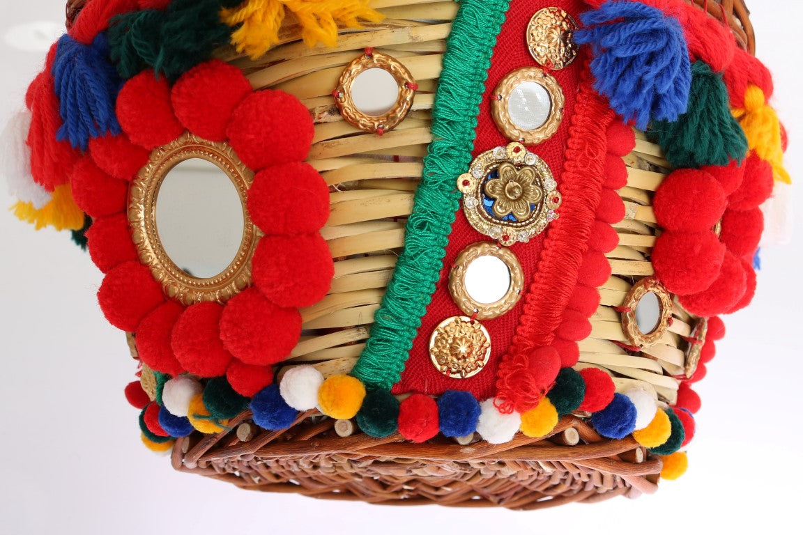 Sac fourre-tout élégant Dolce &amp; Gabbana en paille beige et peaux exotiques avec pompon