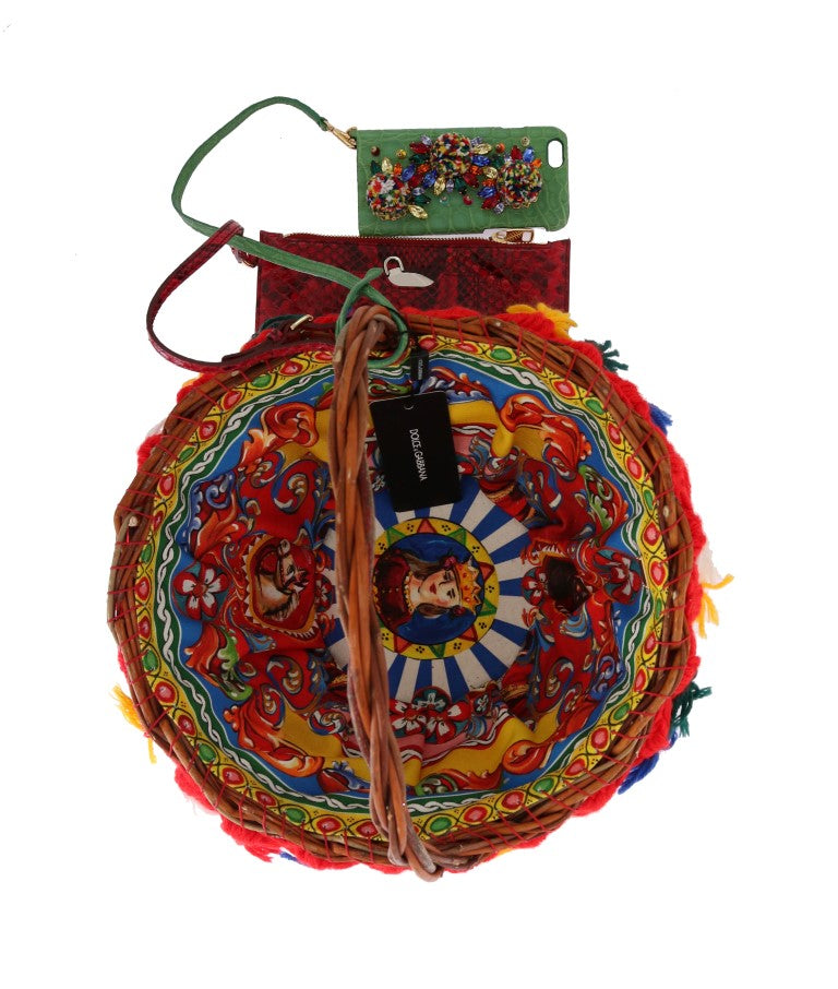 Dolce &amp; Gabbana Multicolor AGNESE Straw Crystal  Pom Pom Bag