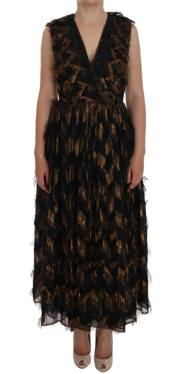 Dolce & Gabbana Black Silk Brown Fringes A-Line Dress women’s dress