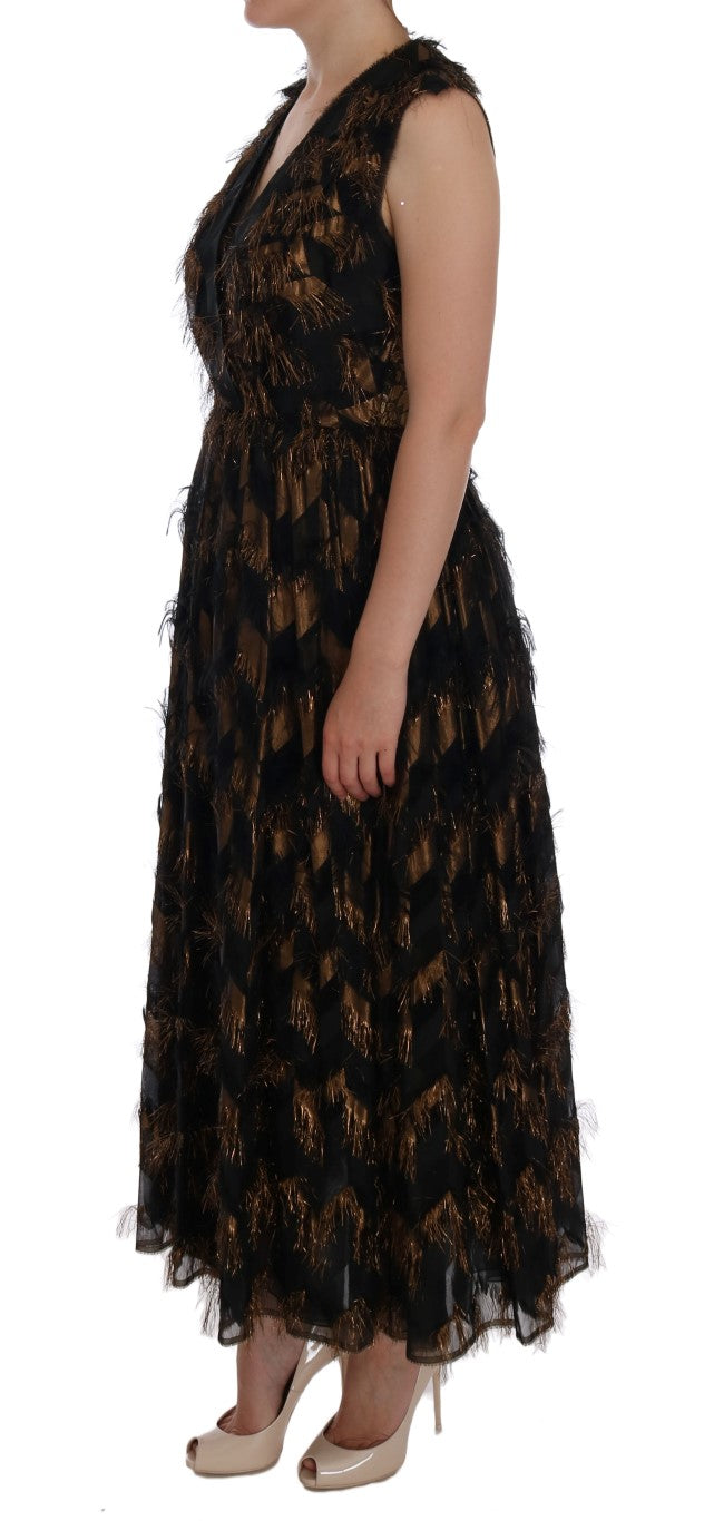 Dolce &amp; Gabbana Black Silk Brown Fringes A-Line Dress women’s dress