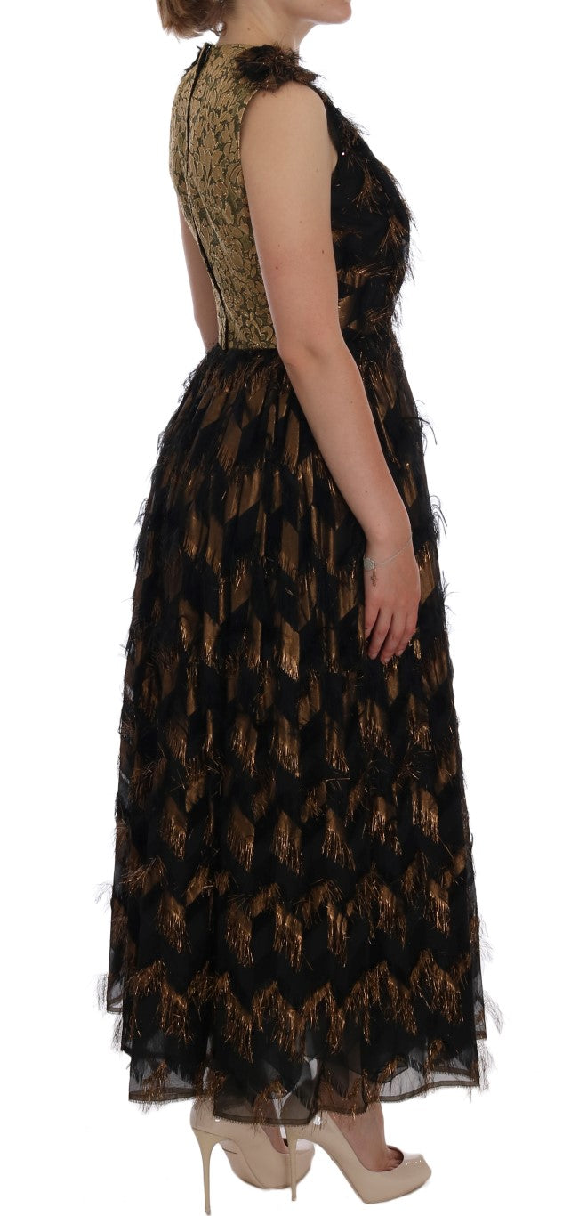 Dolce &amp; Gabbana Black Silk Brown Fringes A-Line Dress women’s dress