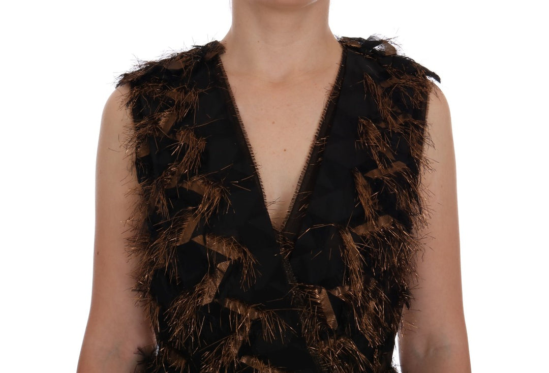 Dolce &amp; Gabbana Black Silk Brown Fringes A-Line Dress women’s dress