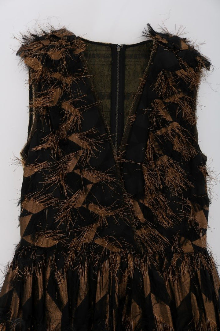 Dolce &amp; Gabbana Black Silk Brown Fringes A-Line Dress women’s dress